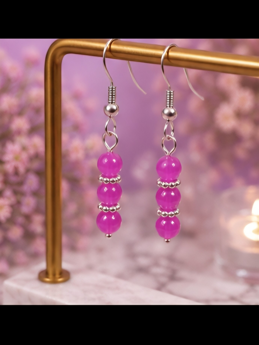 Pink Beaded Dangle Earrings with Silver Accents